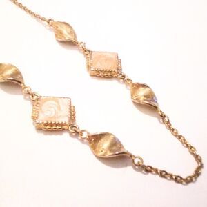 Gold Tone Beige Enamel Station Long Chain Necklace